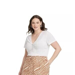 A New Day White Twisted V-Neck Linen Short Sleeve T-Shirt Womens Size XS NWT
